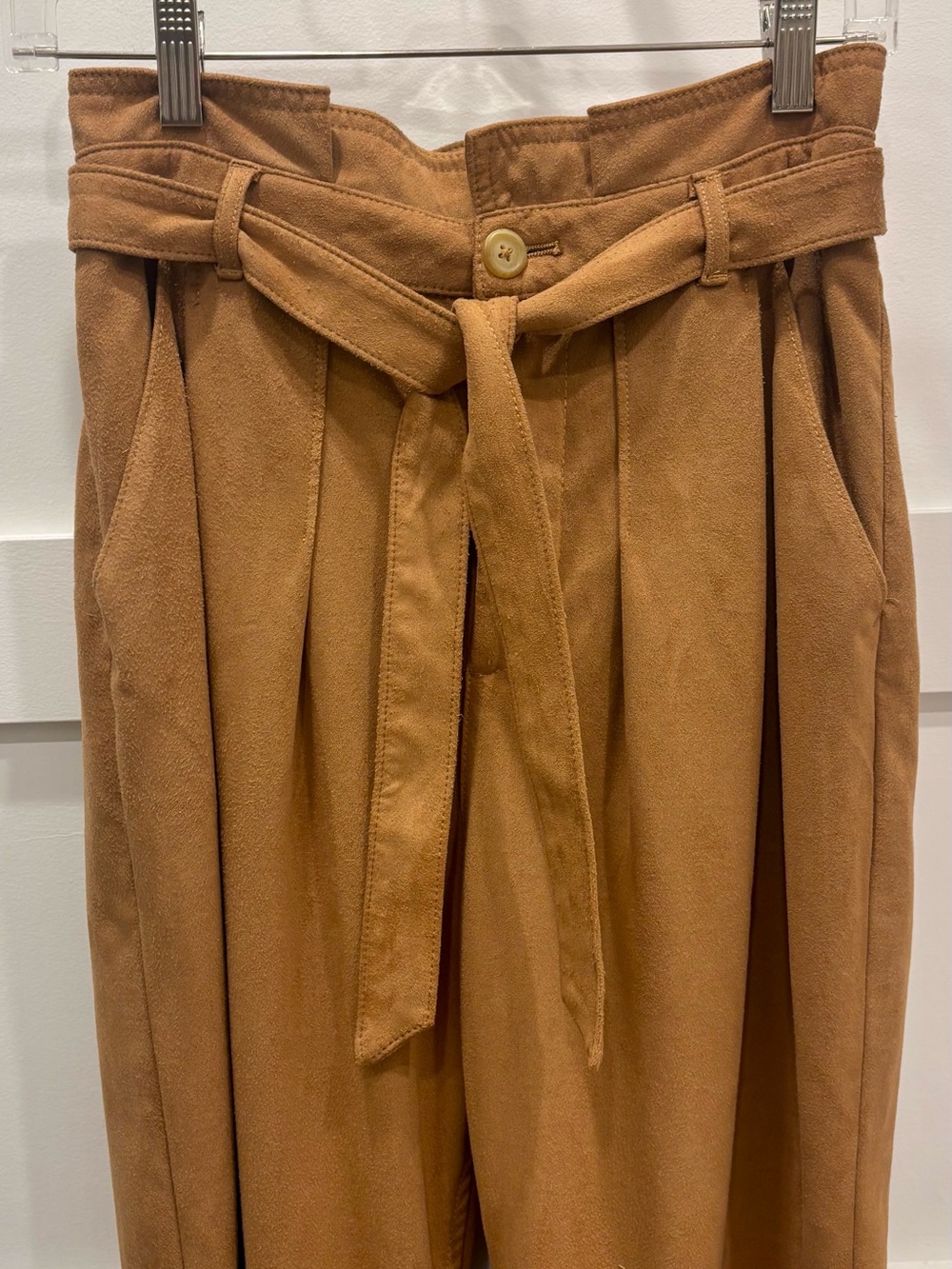 Free People Paperbag Tie-Waist Vegan Suede Trousers in Camel